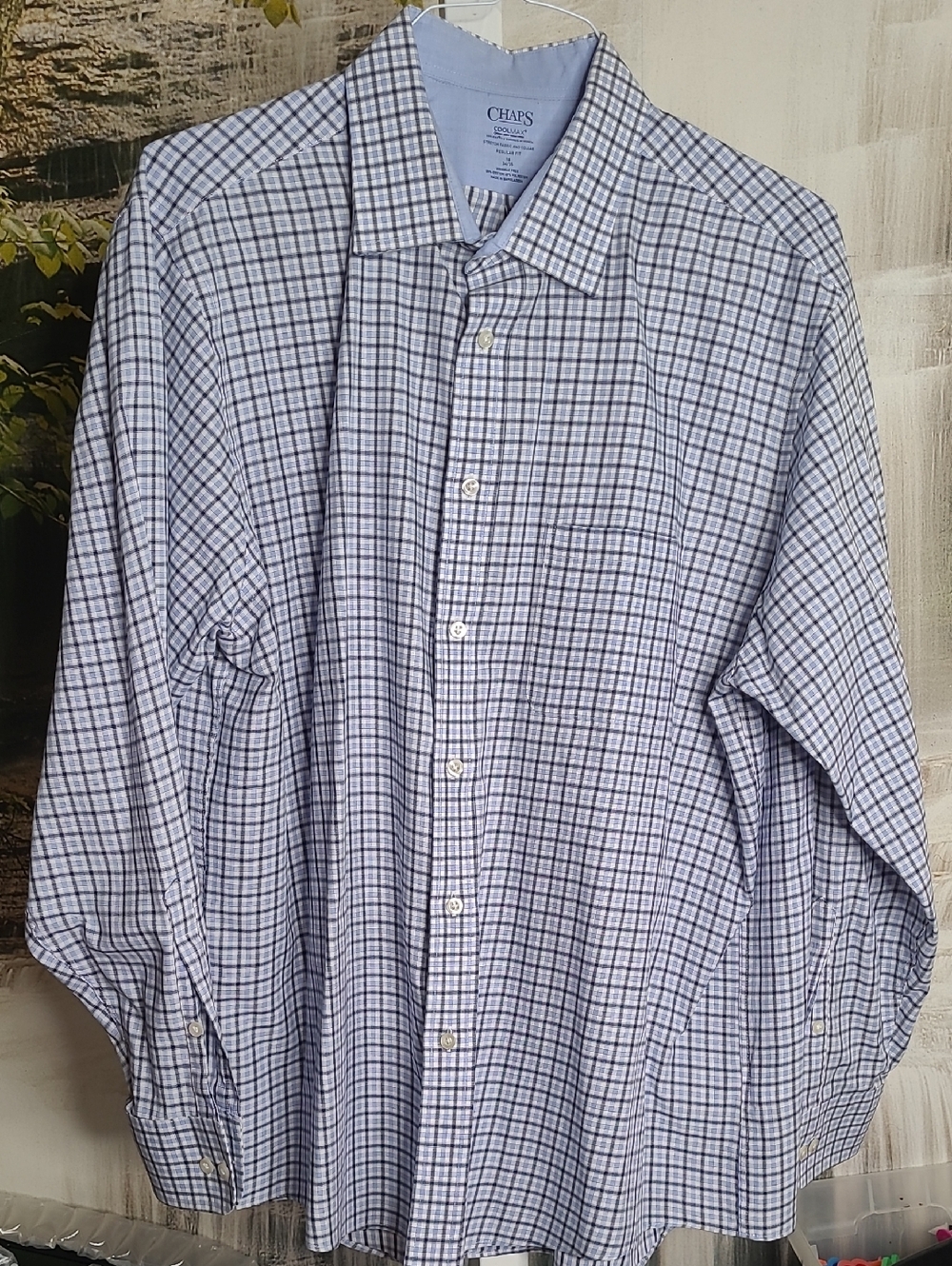 Chaps Mens Cool Max 18 Blue White Plaid Long Sleeve Wrinkle Free Dress Shirt